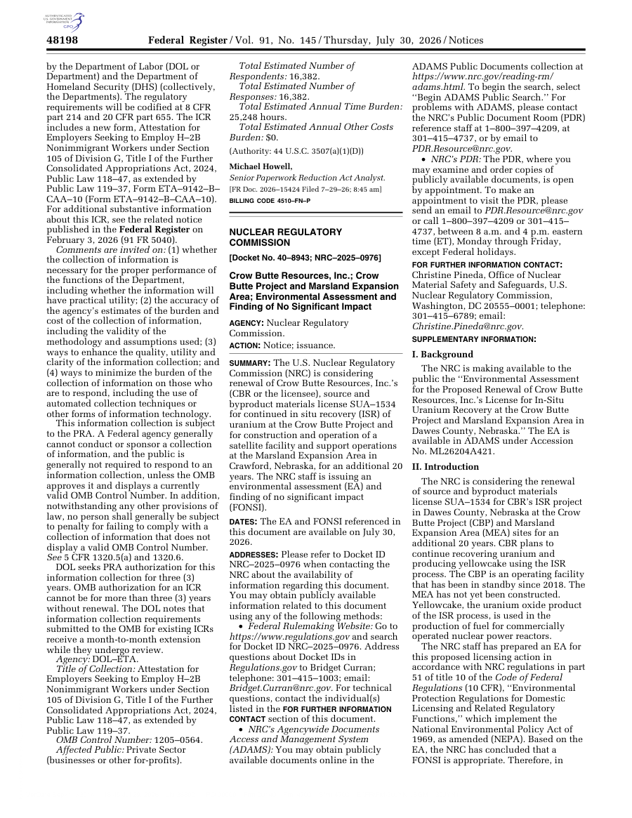 NRC Weighs 20-Year Renewal of Crow Butte Uranium Recovery License