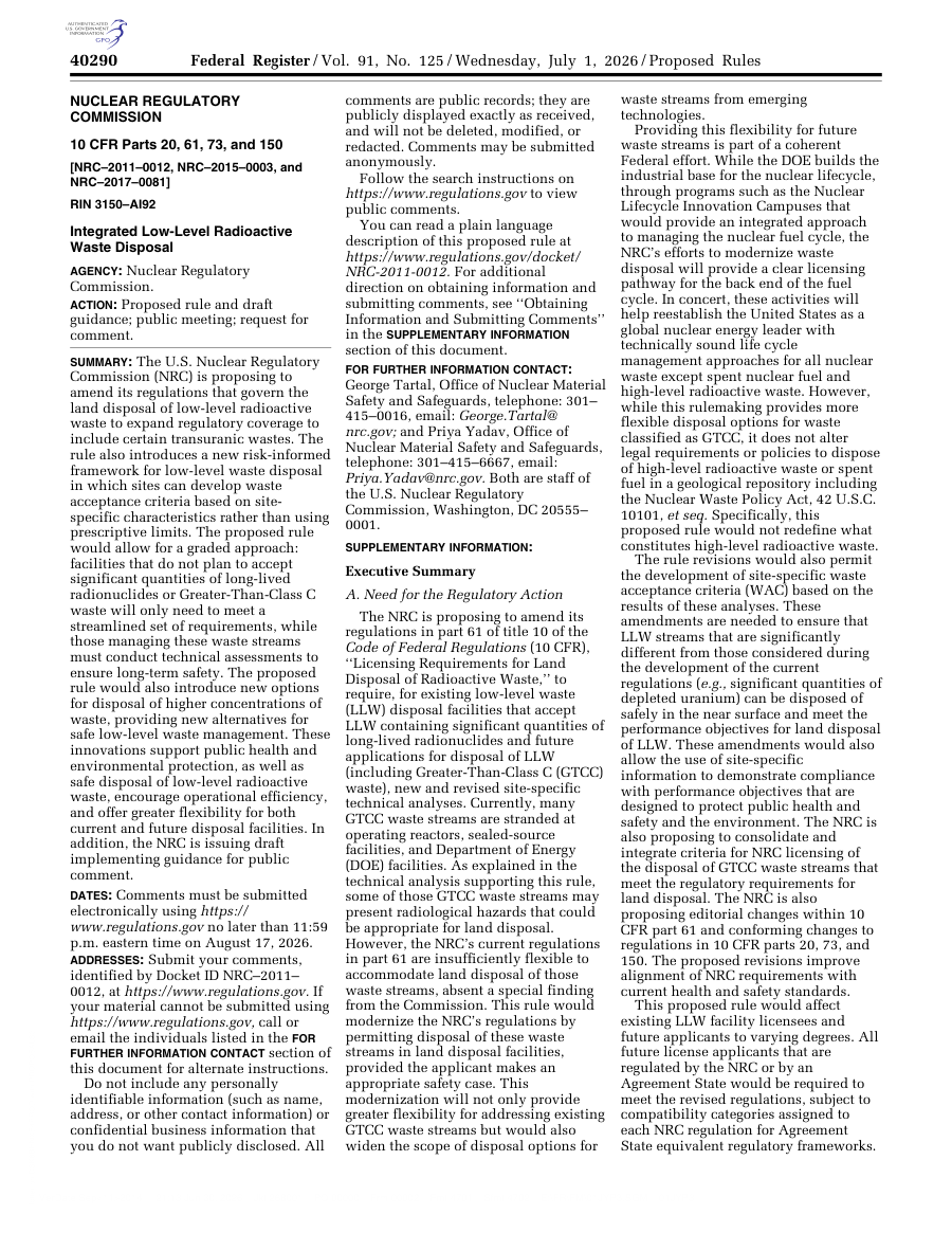NRC Proposes Risk-Informed Overhaul of Low-Level Waste Disposal Rules